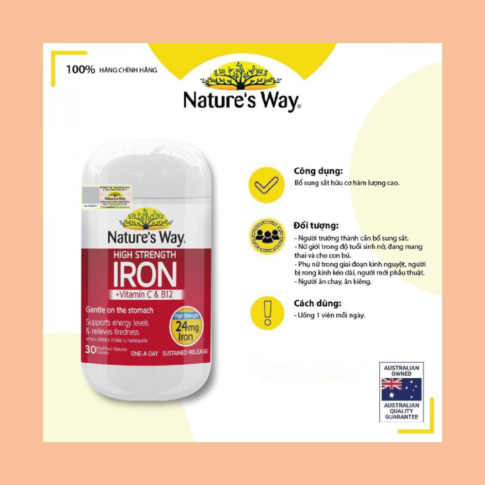 Nature’s Way High Strength Iron + Vitamin C&B12 – Bổ sung sắt hữu cơ hàm lượng cao 24mg (30 viên)