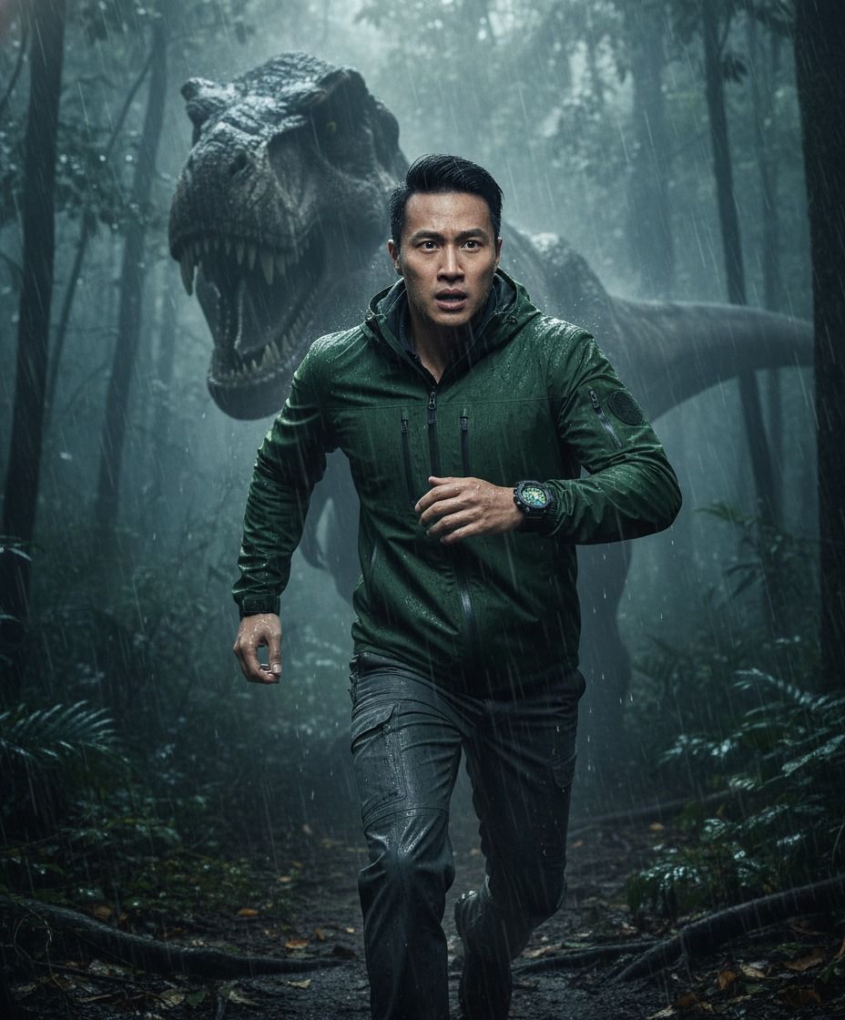 Prompt tạo ảnh bị T-Rex truy đuổi trong rừng mưa nhiệt đới