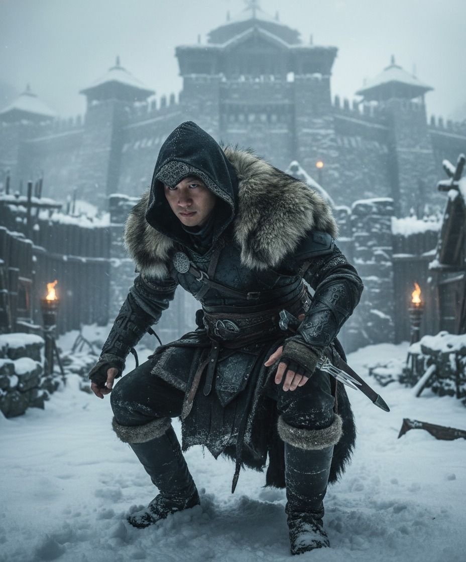 Prompt tạo Chiến binh choàng lông giữa pháo đài phủ đầy tuyết