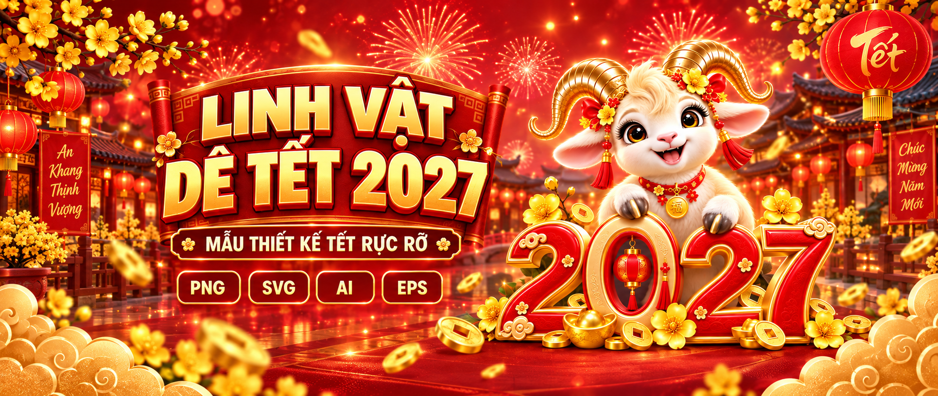 Linh vật dê Tết 2027 PNG cho banner và thiệp chúc xuân