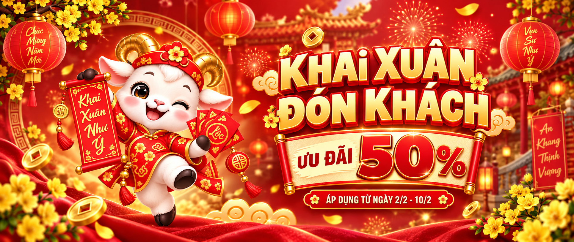 Banner khai xuân 2027 cách ghép linh vật dê liễn chúc Tết và ưu đãi bán hàng