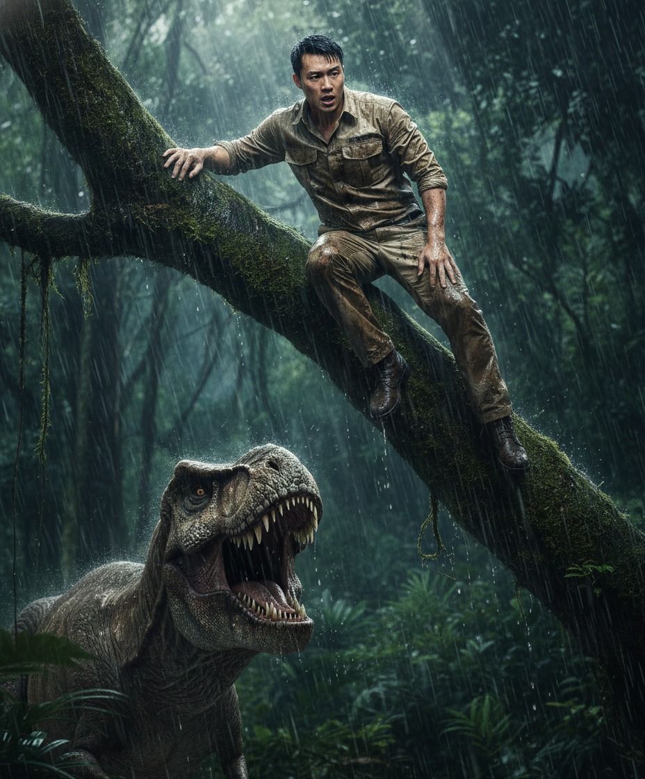 Prompt tạo ảnh leo lên thân cây để tránh bị T-Rex tấn công