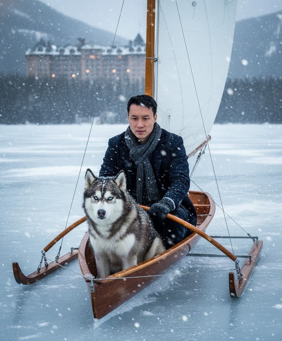 Prompt Người đàn ông lái thuyền trên hồ băng cùng chó Husky giữa trời tuyết