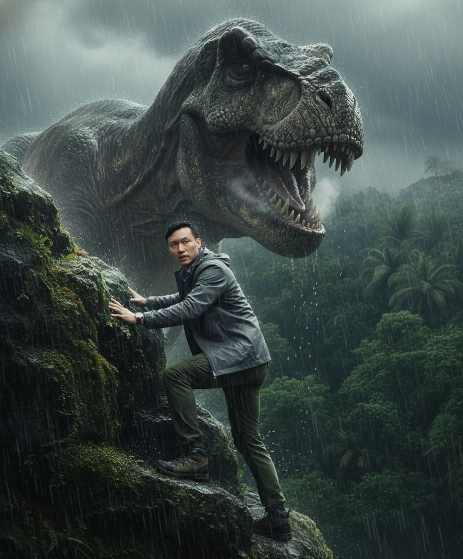 Prompt Bám vào vách đá khi T-Rex xuất hiện phía sau