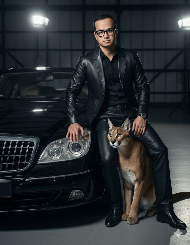 Prompt tạo ảnh doanh nhân quyền lực bên siêu xe và linh thú hoang d