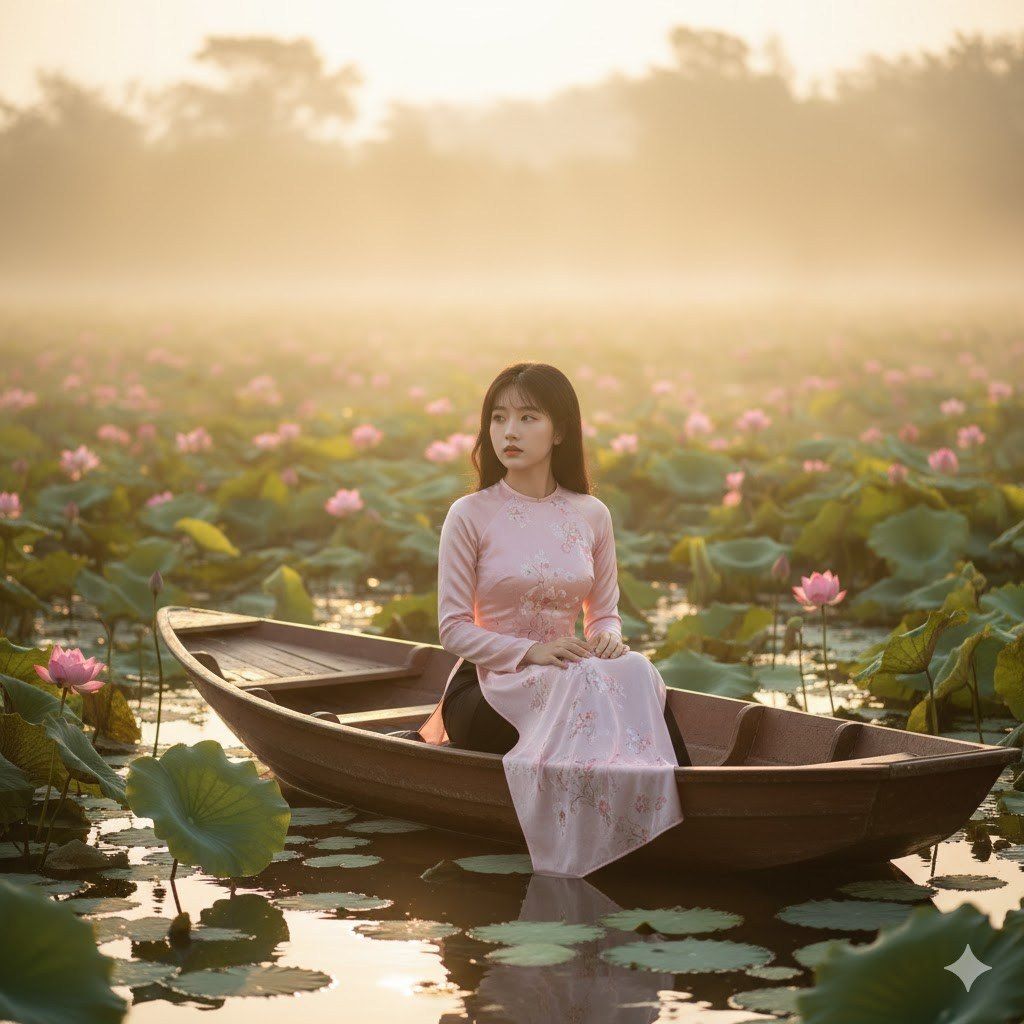 Prompt Tạo Ảnh Thiếu Nữ Áo Dài Trên Hồ Sen Lúc Bình Minh
