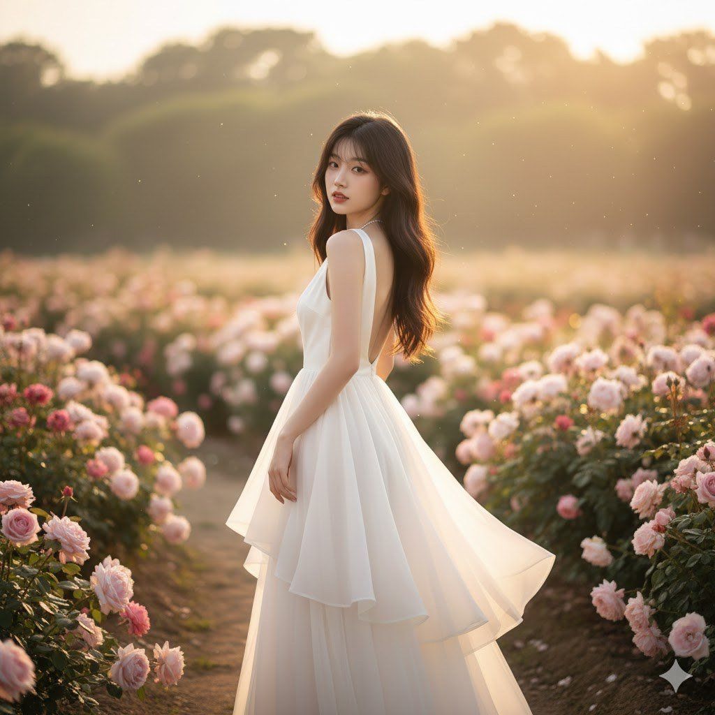 Ảnh cô gái váy trắng trong vườn hoa hồng – ánh sáng hoàng hôn