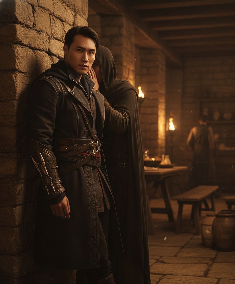 Prompt tạo ảnh chiến binh đứng trong quán rượu cổ, ánh đuốc vàng ấm