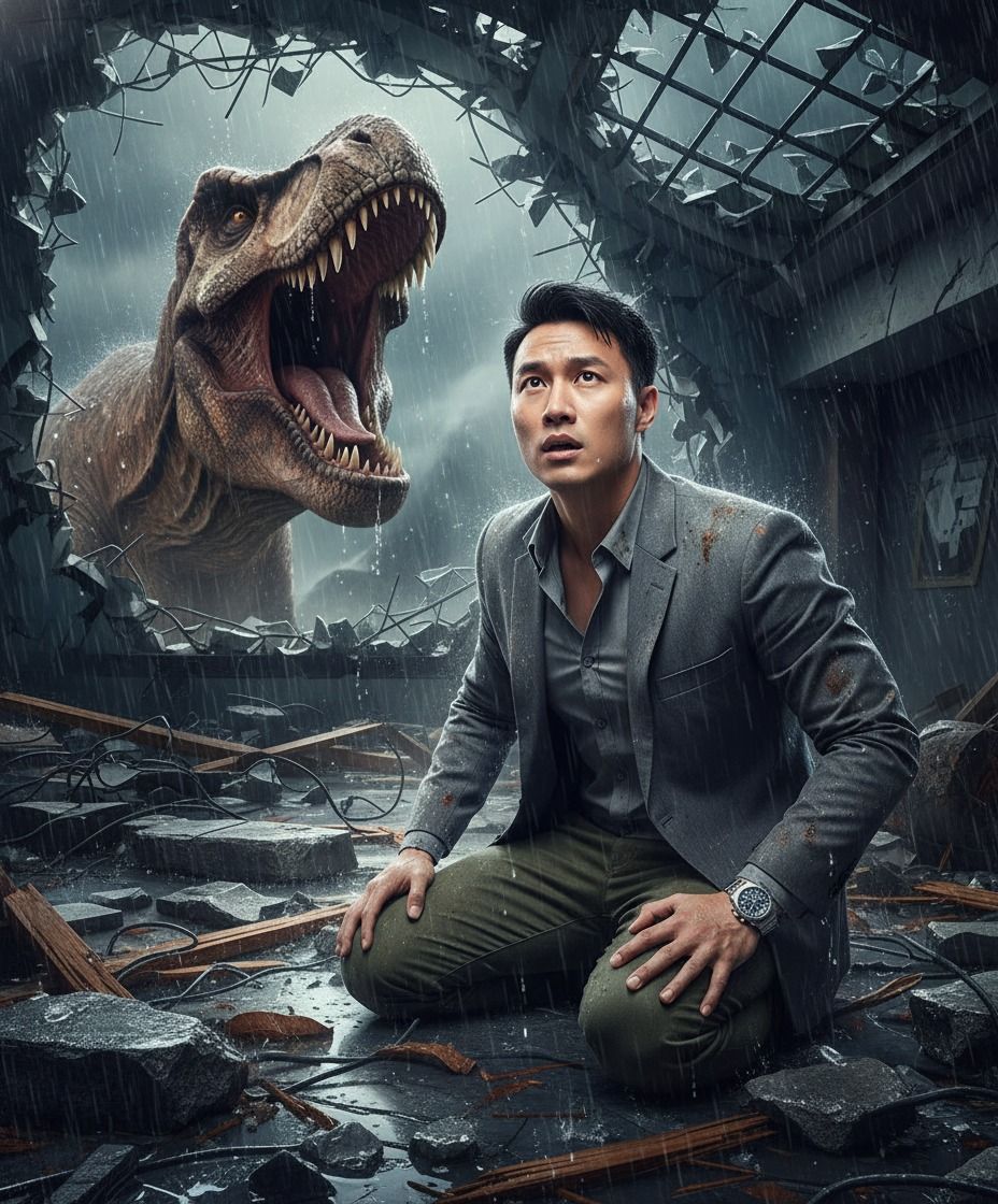 Prompt tạo ảnh quỳ giữa tòa nhà đổ nát khi T-Rex phá tường lao ra