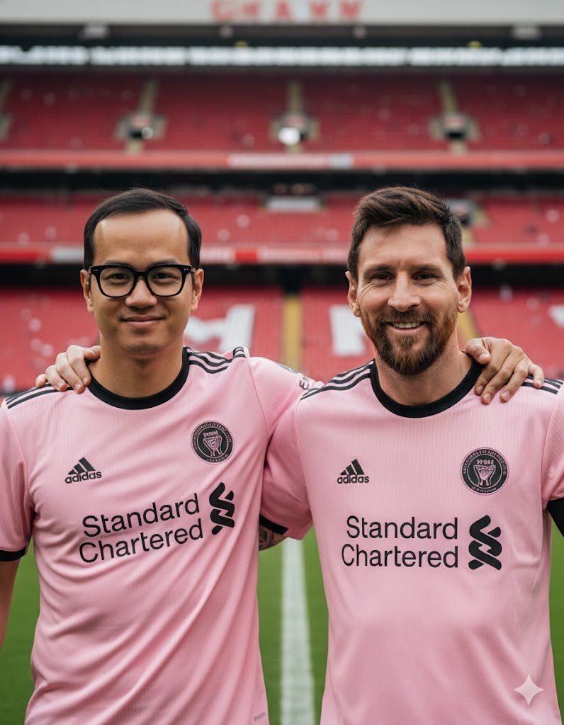 Prompt tạo ảnh bóng đá chụp cùng cầu thủ Messi trong màu áo inter miami