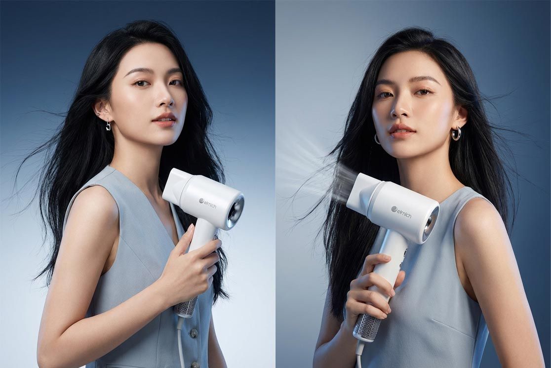 Prompt quảng cáo máy sấy tóc với mẫu nữ phong cách công nghệ cao cấp