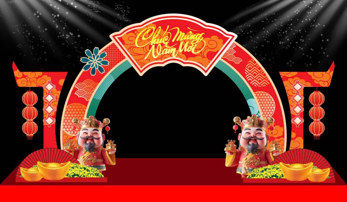 Cổng chào Tết 2025 thần tài – Thiết kế rực rỡ, lồng đèn đỏ và vàng kim – File vector trang trí sự kiện Tết