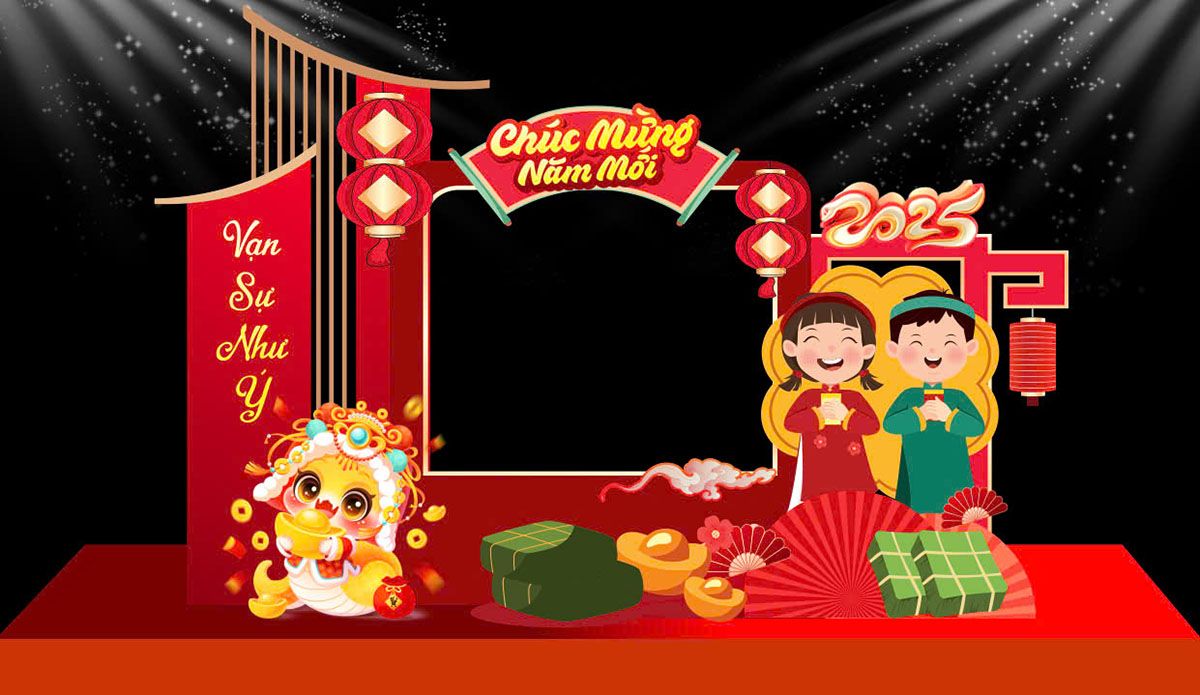 Cổng chào Tết 2025 vector – Bé chúc Tết, lân vàng, bánh chưng, dưa hấu – File CDR Mẫu số 1