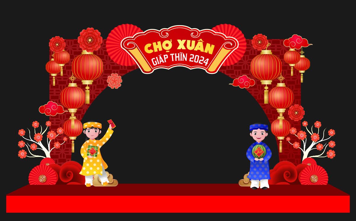 Cổng Chào Xuân 2025 hình ảnh bé trai và bé gái chúc năm mới - File CDR