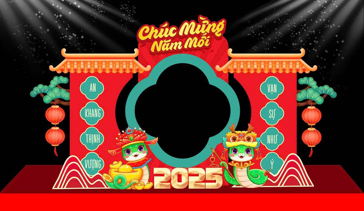 Cổng chào Tết 2025 lân rồng hoạt hình – Mẫu thiết kế vector An Khang Thịnh Vượng – File CDR