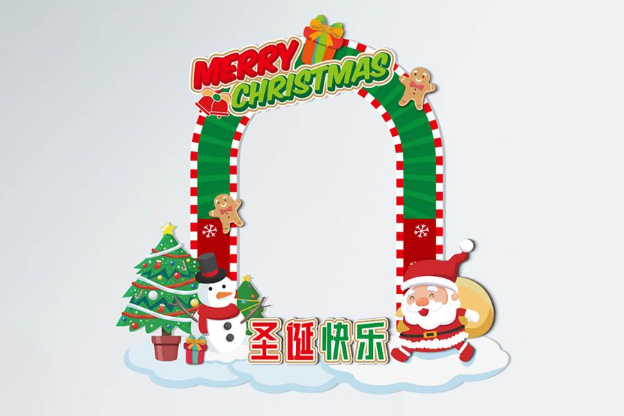 Mẫu Cổng Chào Noel Đáng Yêu Có Chữ Trung – Santa & Người Tuyết Hoạt Hình