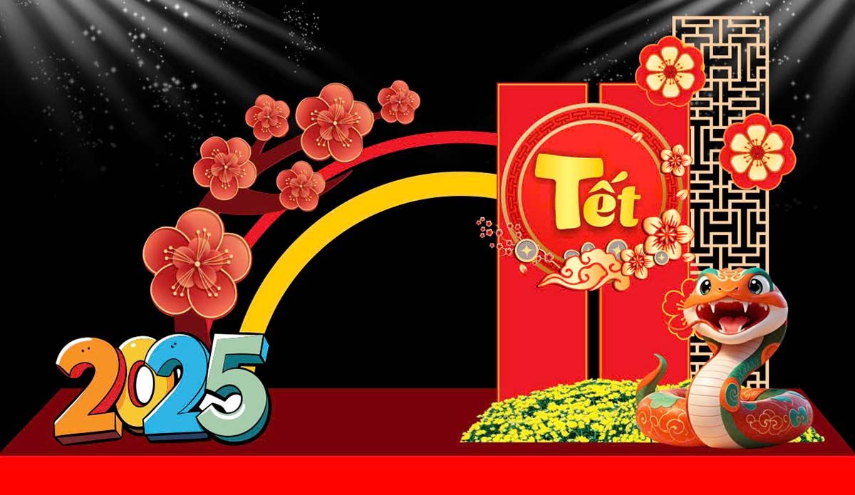 Cổng chào Tết 2025 hình rắn – Thiết kế mai vàng, hoa đào và họa tiết truyền thống