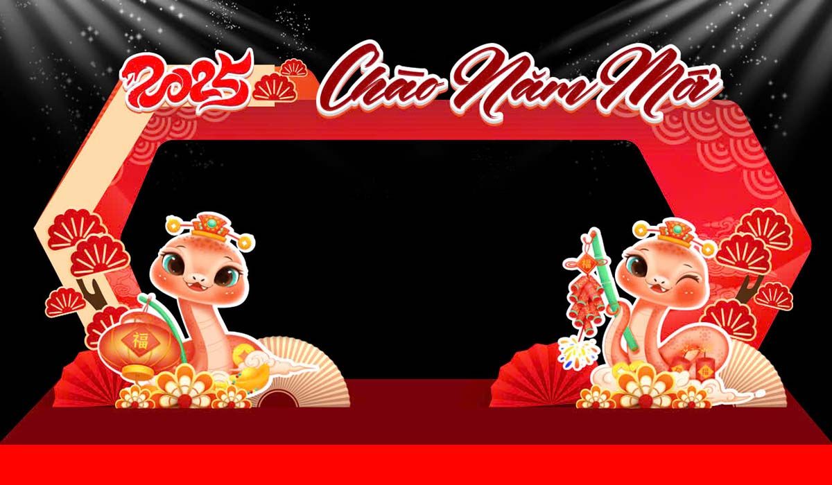 Cổng chào Tết 2025 hình rắn dễ thương – Chào Năm Mới phong cách hoạt hình – File CDR
