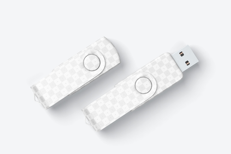 Mockup bộ đôi thẻ nhớ màu trắng tím USB PSD