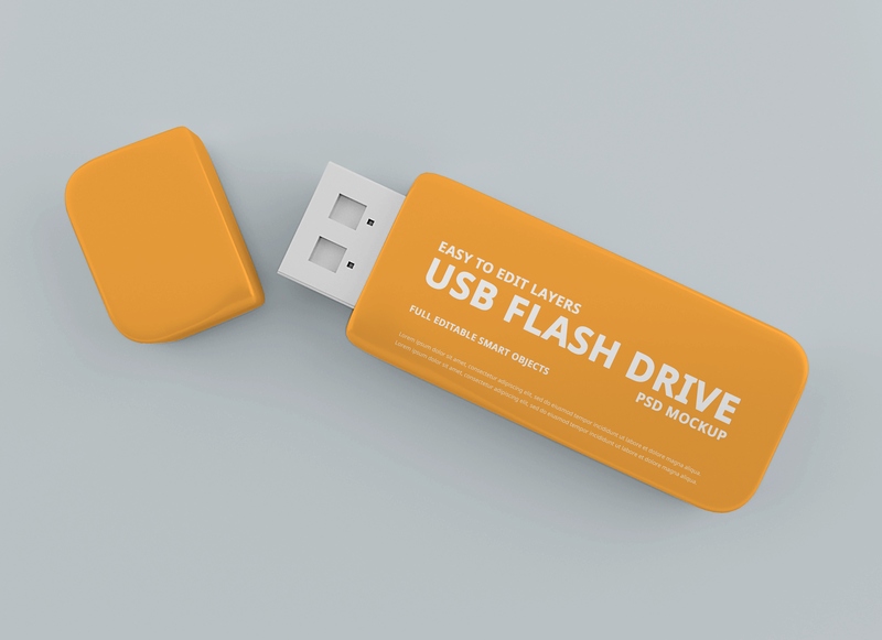 Mockup thẻ nhớ dữ liệu USB màu cam PSD