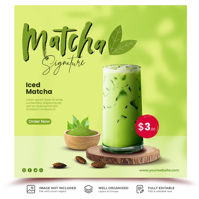 Banner menu quảng cáo đồ uống matcha đá lạnh, bột matcha