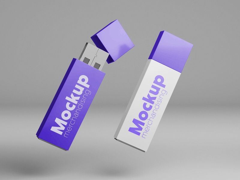 Mockup bộ đôi thẻ nhớ lưu dữ liệu USB trắng, tím PSD