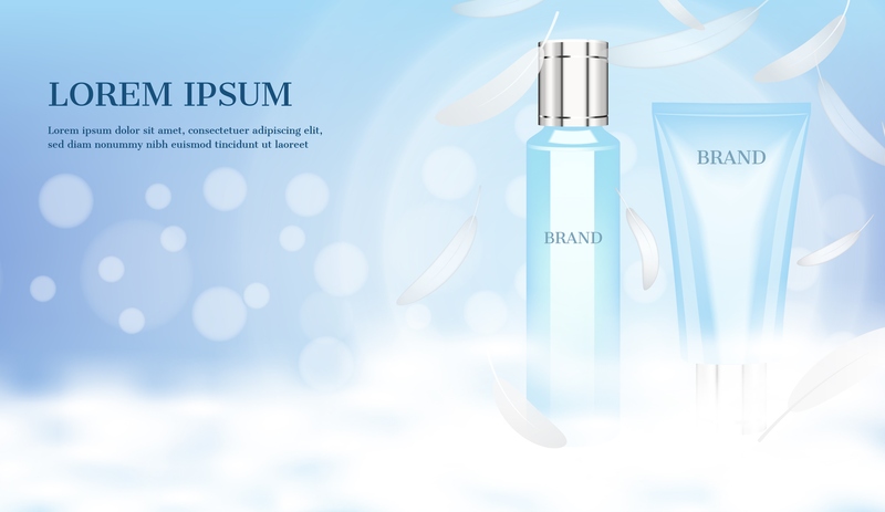 Banner quảng cáo Serum mỹ phẩm chăm sóc da, lông vũ bay quanh