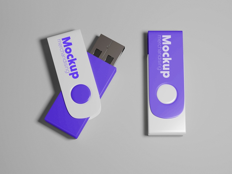 Mockup bộ đôi thẻ nhớ lưu dữ liệu USB trắng, tím PSD