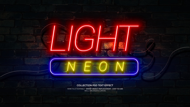 Hiệu ứng chữ 3D PSD màu vàng đỏ đèn neon cho Photoshop