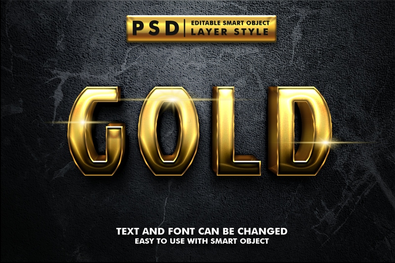 Hiệu ứng chữ 3D PSD cho PS màu vàng gold