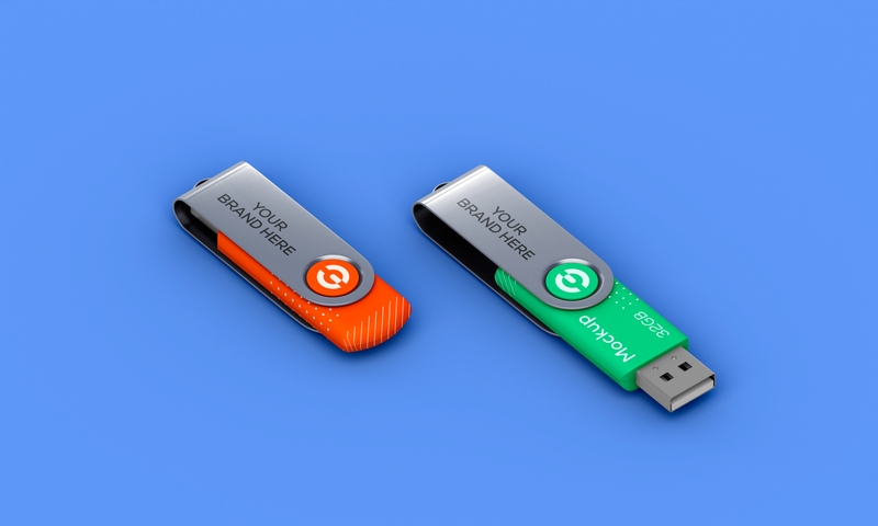 Mockup  thẻ nhớ dữ liệu USB màu xanh lá cây, cam nền tím PSD