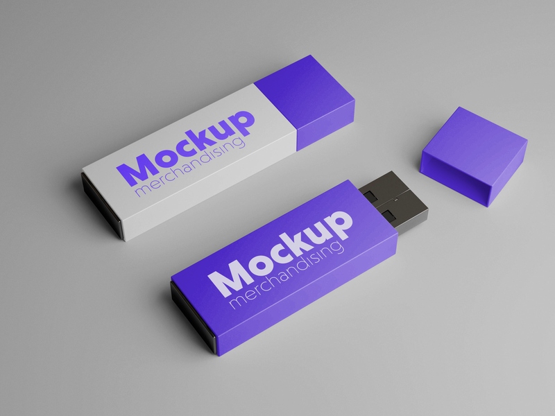 Mockup bộ đôi thẻ nhớ lưu dữ liệu USB trắng, tím PSD