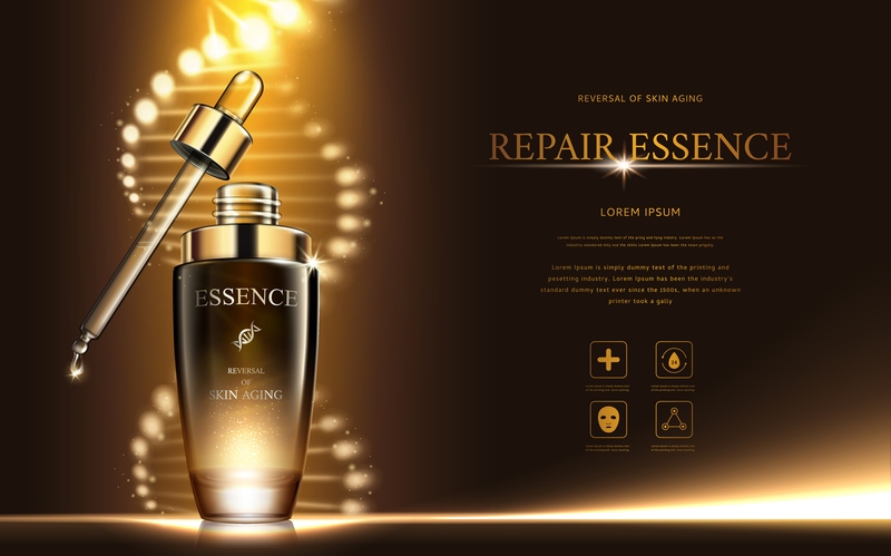 Banner serum cao cấp dưỡng da, hiệu ứng ánh sáng vàng