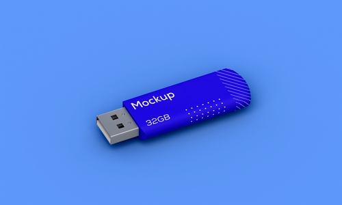 Mockup  thẻ nhớ dữ liệu USB màu xanh lá cây, cam nền tím PSD