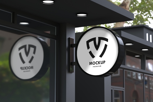 Mockup biển hiệu công ty, biển quảng cáo logo treo tường PSD