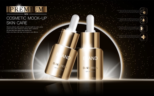 File mockup serum mỹ phẩm chăm sóc da cao cấp, màu vàng gold, hiệu ứng ánh sáng lấp lánh