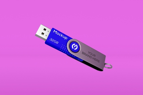 Mockup thẻ nhớ dữ liệu USB màu xanh nền tím PSD