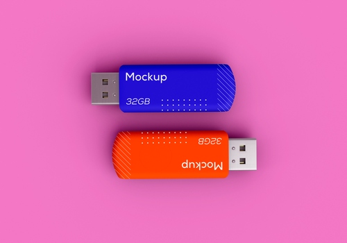 Mockup  thẻ nhớ dữ liệu USB màu xanh dương, cam nền tím PSD