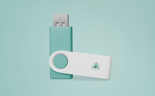 Mockup thẻ nhớ lưu dữ liệu USB màu trắng, xanh lơ PSD