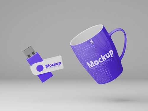 Mockup thẻ nhớ lưu dữ liệu USB , cốc PSD