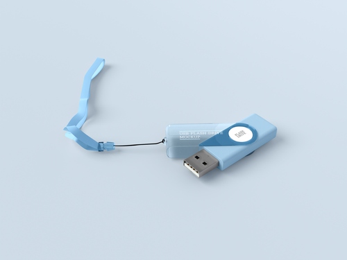 Mockup thẻ nhớ lưu dữ liệu USB màu xanh dương nền xanh PSD