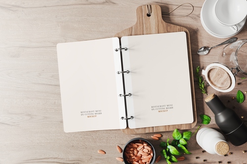 Mockup phối cảnh menu ngành thực phẩm đồ ăn file PSD