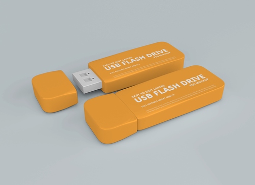 Mockup bộ đôi thẻ nhớ dữ liệu USB màu cam PSD