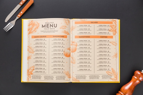 Mockup phối cảnh menu ngành thực phẩm đồ ăn file PSD