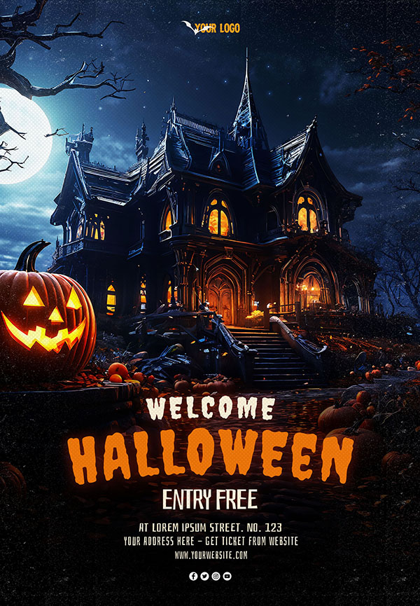 Poster lễ hội halloween lâu đài ma file PSD mẫu MB303