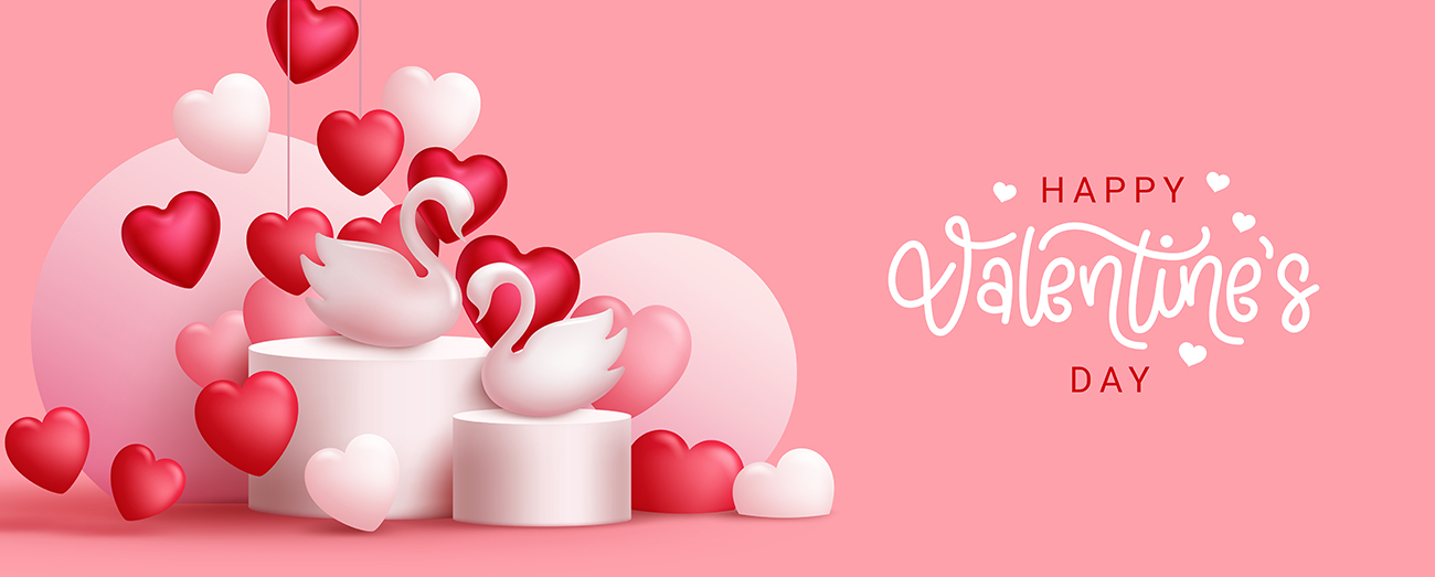 Banner valentine bóng bay và đôi thiên nga file EPS