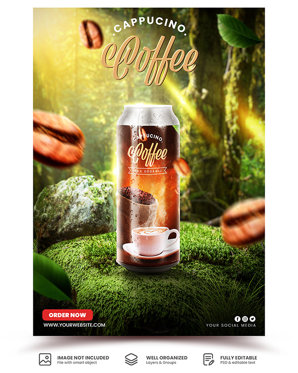 Poster quảng cáo lon cà phê cappucino file PSD - mẫu số 632