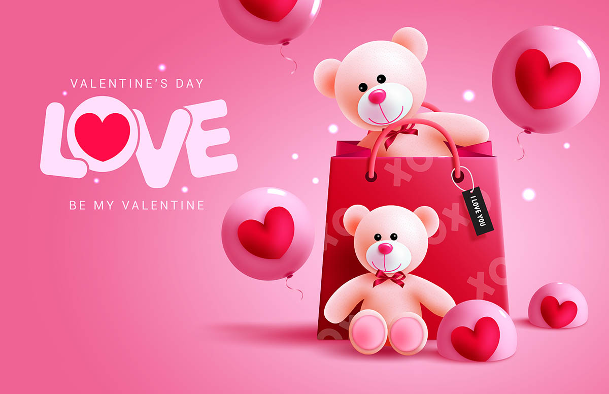 Banner gấu bông cùng trái tim lãng mạn ngày valentine file vector mẫu số 386