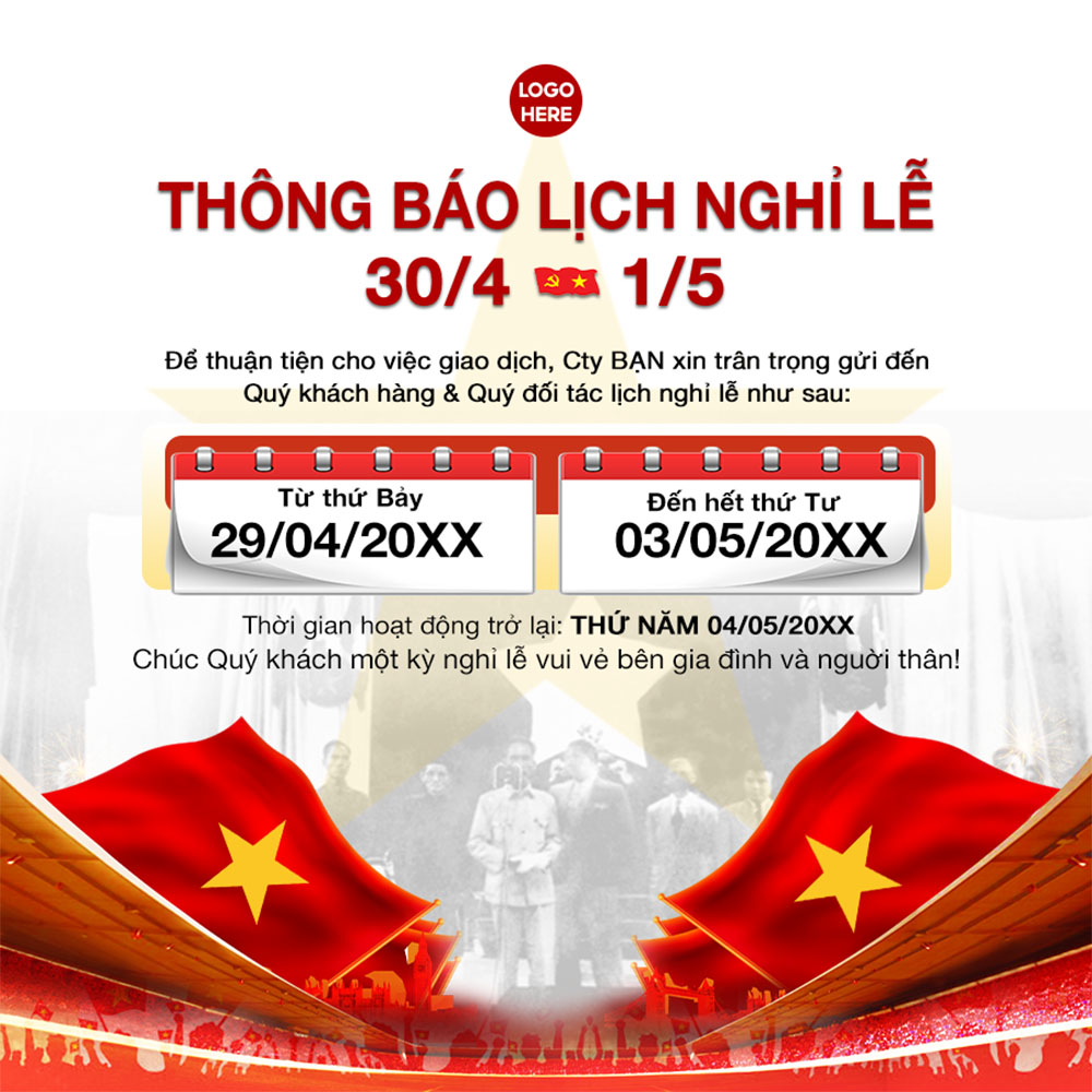 Thông báo lịch nghỉ lễ 30.4 - 01.5 mẫu 11 file PSD