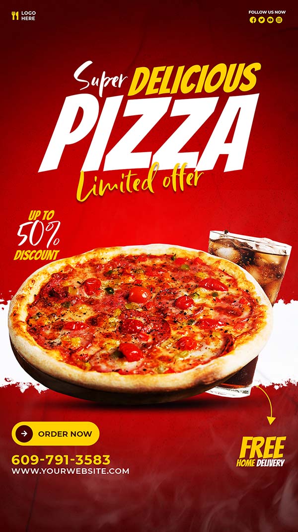 Poster quảng cáo bánh Pizza nền đỏ K93 file PSD